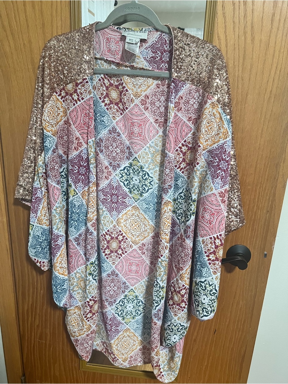 Anthropology Sachin + Babi Pink and Gold Patchwork Kimono